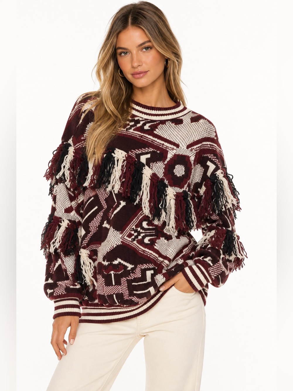 Zara Fringe Knit Sweater with Geometric Pattern
